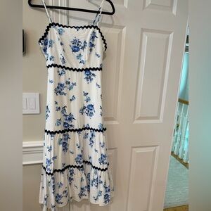 Francesca's Collections White & Blue Floral Maxi Dress with navy Trim